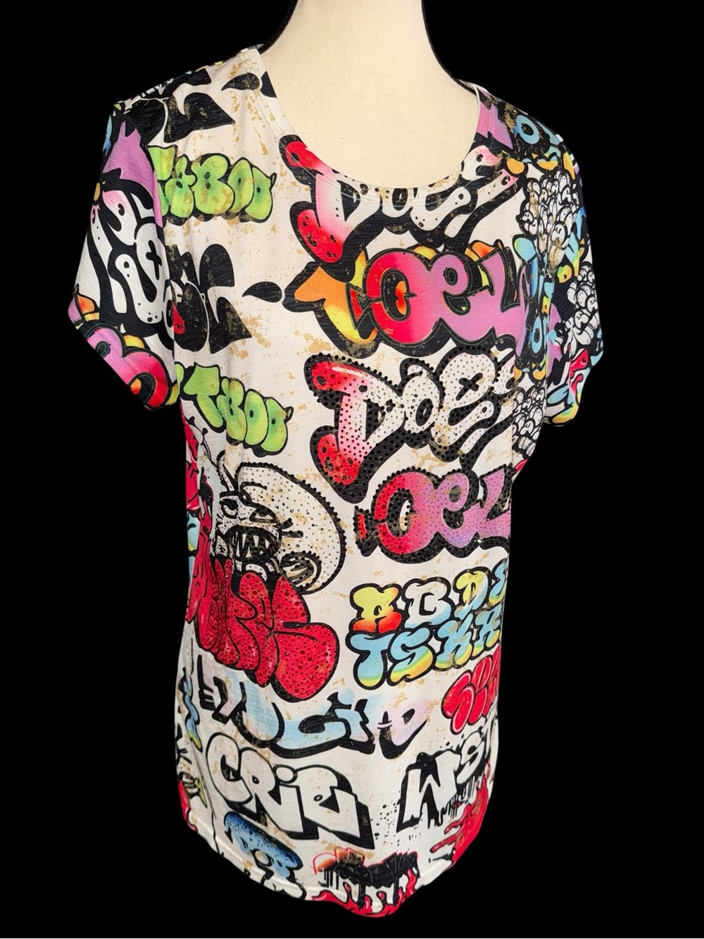Juliette Womens L Graffiti Graphic Tunic Top Rhinestone Y2K Streetwear Pop Art